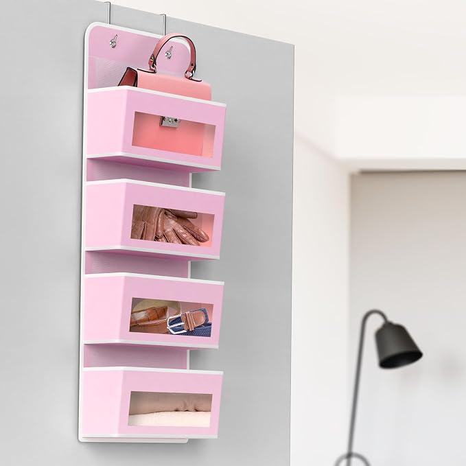 Simple Houseware 4 Clear Window Pocket Over Door Hanging Organizer, Pink | Over the Door Storage for Closet, Bedroom, Bathroom, Pantry