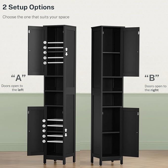 67" Tall Bathroom Cabinet with Adjustable Shelves and Doors | Narrow Bathroom Storage Cabinet for Small Space, Living Room, Entryway, Kitchen, Black