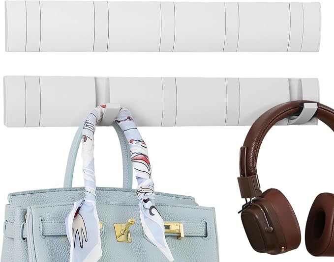 2 Pack Foldable Stylish Modern Hook Rack with 5 Hooks, Coat Hooks Wall Mount, Metal Coat Hook Rail for Coat Hat Towel Purse Robes Mudroom Bathroom Entryway (White)