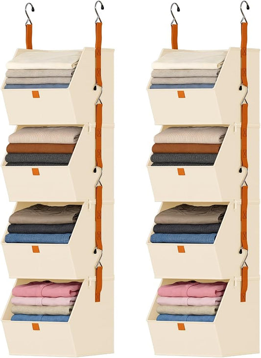DIMJ Hanging Closet Organizer - 4 Tier Collapsible Hanging Shelves with Hooks Zipper, Fabric Clothes Organizer, Space-Saving Storage Bin Basket for RV, Bedroom, Laundry Organization