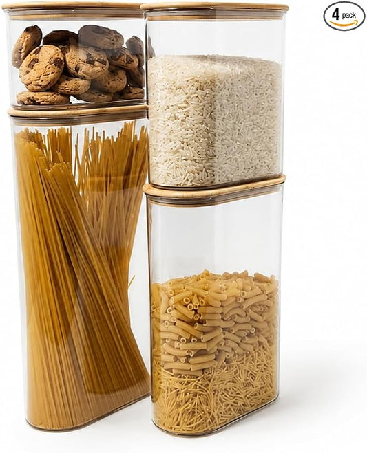 Airtight Food Storage Containers 4 piece Set, BPA-Free Kitchen Canisters with Bamboo Lids & Silicone Seal, Stackable Kitchen Organization.