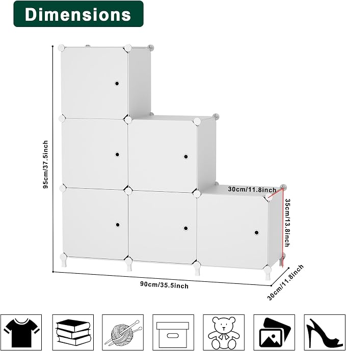 6Cube Storage Organizer Modular Stackable with Doors White | Sturdy plastic 6-cube cabinet with doors, 30x30x30cm per cube, tool-free snap assembly, ideal for bedroom, stairs, closet.