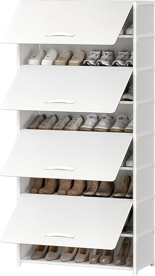 9 Tier Shoe Cabinet with Door, 36-Pair Storage, White | Max capacity for large families. Door prevents dust & pet damage. Holds all shoe types. Easy connector assembly.