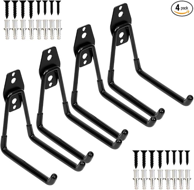 Storage Double Hooks Garage Space Saver Organizer Utility Hanger,Rack Extended Wall Mount Tool Heavy Duty Steel Holder with Anti-Slip Coating, 4 Pack 5.1" Garage Hook