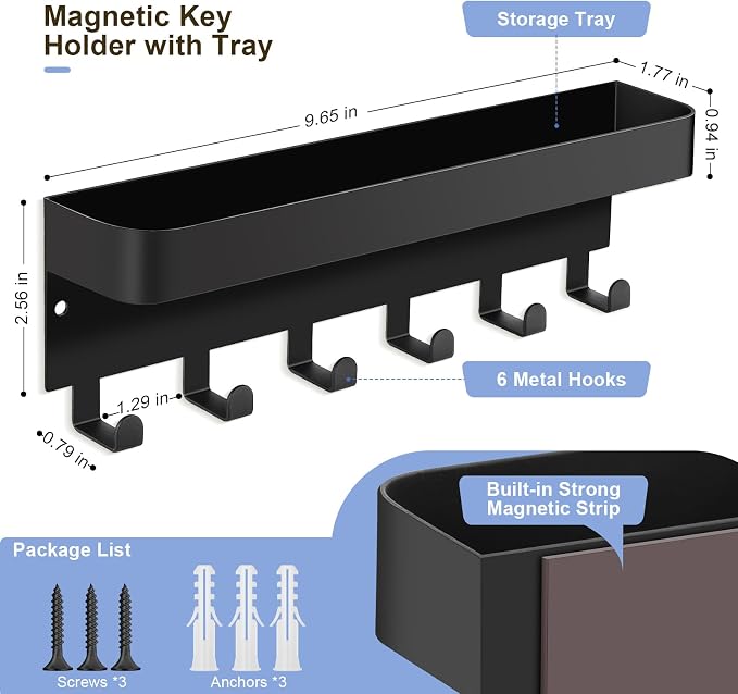 RELBRO Magnetic Key Holder for Fridge, Key Rack with Shelf, Black | Metal, Built-in Magnet, Top Tray, 2 Installation Options, Matte Finish, Compact, Key Rack for Refrigerator Camper RV Entryway