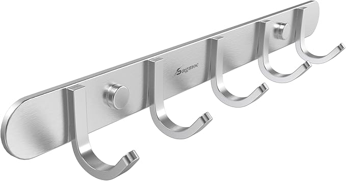 Coat Hook Rail Brushed Nickel 14-inch Towel Rack Wall Mounted with 5 Hooks/Durable Coat Hangers for Bedroom, Bathroom, Foyer, Hallway/304Stainless Steel/Easy to Install/Rust and Water Proof