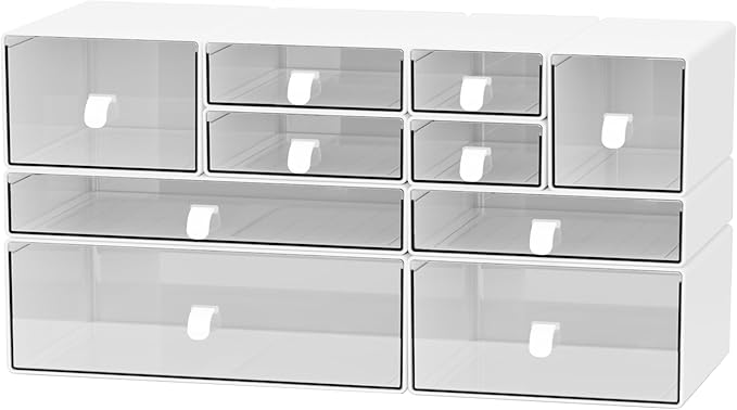 White & Clear 10-Drawer Stackable Desk Organizer Storage Set | Separate drawers, Dustproof, Easy to clean, for Office supplies, Pens, Markers, Stationery, Jewelry, Makeup, DIY Craft