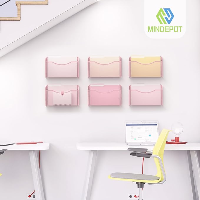 MINDEPOT Wall File Organizer, Hanging Wall File Holder, 3 Pack, Pink | Heavy Duty Iron, Metal Mesh Wall Mount, Single Pocket, Mail Organizer, for Office School Classroom Home, Letter A4 Size