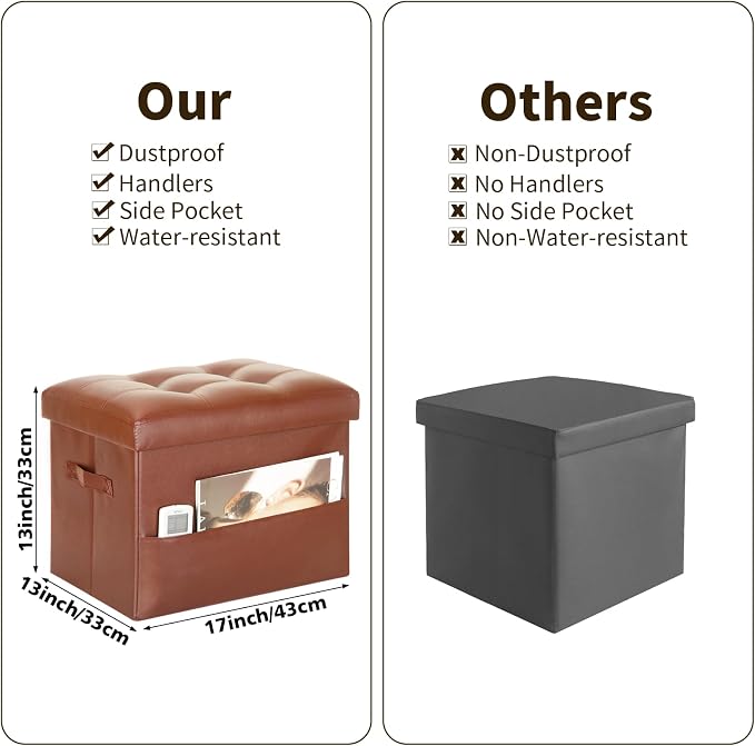 BelugaHelper Storage Ottoman Foot Rest Stool. Folding Ottoman with Storage with Thicker Foam Padded Seat. 330 lbs Footstool Bench for Living Room, Bedroom, Home Office Table, 17x13x13in, Light Brown | Small Ottoman with Storage with Thicker Foam Padded...
