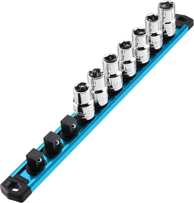 WORKPRO Magnetic Socket Organizer, Heavy Duty 1/2-Inch Drive Socket Rail | 1 Piece Socket Holder with 10 Spots, Aluminum Alloy, Rotatable & Movable Clips, Efficient Organization