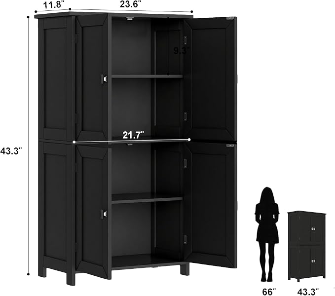 Bathroom Cabinet with Adjustable Shelf Freestanding Storage Cabinet with 2 Doors Wooden Organizer Floor for Bathroom Kitchen and Living Room (Black, 4 Doors)