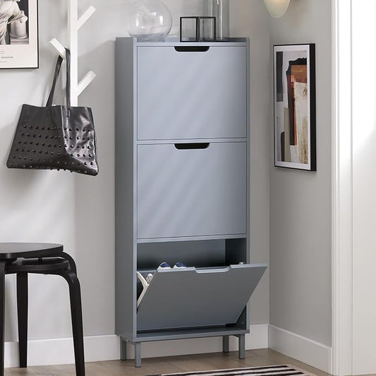 Haotian Slim Shoe Cabinet Entryway | Hidden Shoe Storage with Three Flip Drawers to Save Space, Freestanding Shoe Rack for Entryway, Hallway Grey