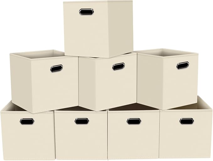 Fabric storage bins Cubes, Fabric Cube Organizer with Handle, Foldable Cube Bins for Cloth or Accessary Storage, 11x11x11, Set of 8, (Creamy White)