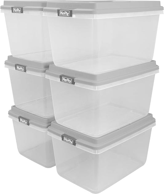 Hefty 72 Qt Hi-Rise Storage Bin with Lid, Stackable Plastic Storage Container, Organizer for Home, Garage & Closet, 6 Pack, Gray