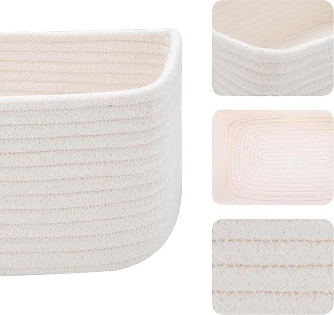 MiniArk Small Storage Baskets for Organizing | Closet Organizer Bins | Shelf Toy Basket | Woven Rope Baskets | Cube Decorative Box | Shallow Basket | 11.5x7.5x4.7” | 4 Packs Off White