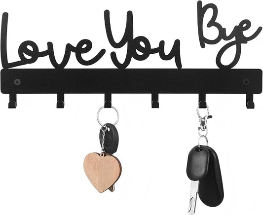 Key Holder Wall Mount Love You Bye Key Holder Hook Rack Organizer Hanger with 6 Hooks for Wall Express Love Art Sign Decor for Entryway Front Door(Hook Style,10 x 4)