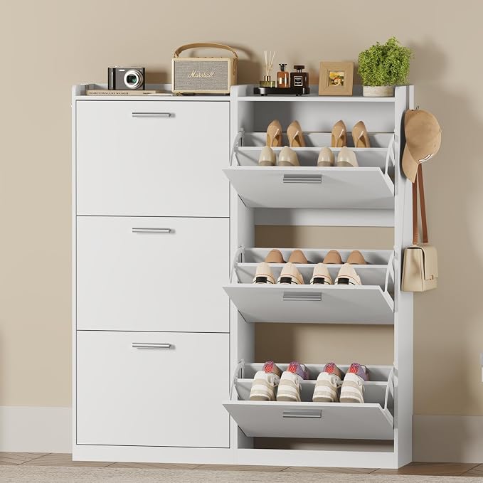 Shoe Cabinet Organizer with 2 Flip Drawers,Narrow Shoe Rack 18.9" W White | Freestanding shoe storage cabinet for entryway,foyer and hallway,slim design and space-saving flip drawers