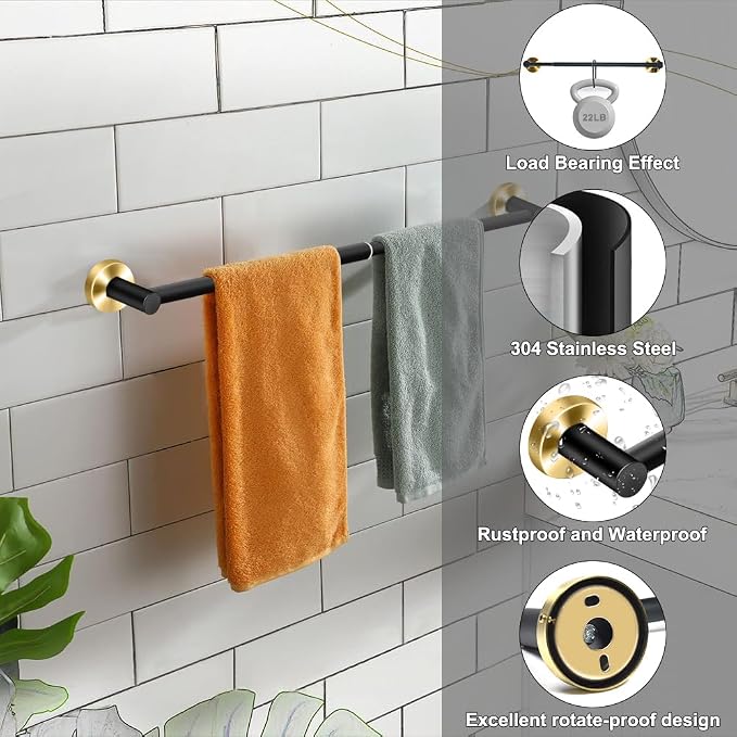 MGahyi Towel Racks for Bathroom-Adjustable Towel Holder(13.18inch-24inch) Sturdy and Rustproof Towel Bar Wall Mounted, Single Towel Bar Rod for Bathroom Accessories (Black Gold, 1Pack)