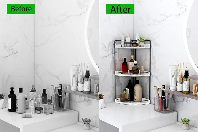 Dorhors Corner Bathroom Organizer Countertop,Vanity Counter Storage Shelf | 3 Tier Rustic White Stand Rack Holder for Kitchen,Dresser,Restroom,Wood Bathroom Sink Tray for Makeup,Perfume,Skincare,Lotion