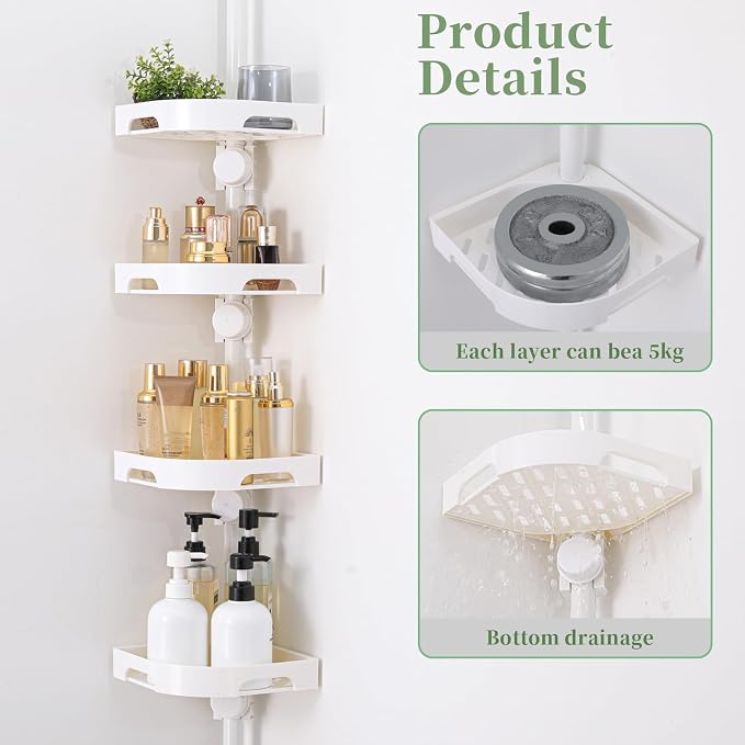 akinbas Tension Pole Shower Caddy Organizer with 4 Tier L-Shaped Rust Resistant Bathroom Corner Shelves with 34-124 Inch Adjustable No Drilling Quick Install Shower Rack for Bath Essentials (White)