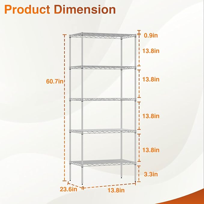 BestOffice | 5-Tier Wire Shelf | 14" x 24" x 60" | Chrome | Storage Shelves with Adjustable Racks, Holds upto 750 lbs | Rust-Resistant, No-Tool Assembly | For Home, Garage