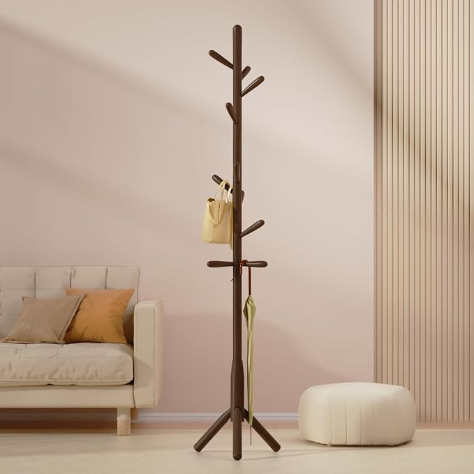 Solid Wood Coat Rack, Freestanding Tree-Shaped Coat Rack with 11 Hooks, Main Pole 1.6" dia,for Clothes, Hat Stand Used in Bedroom/Office/Entryway (3-Leg Base, Dark Walnut)