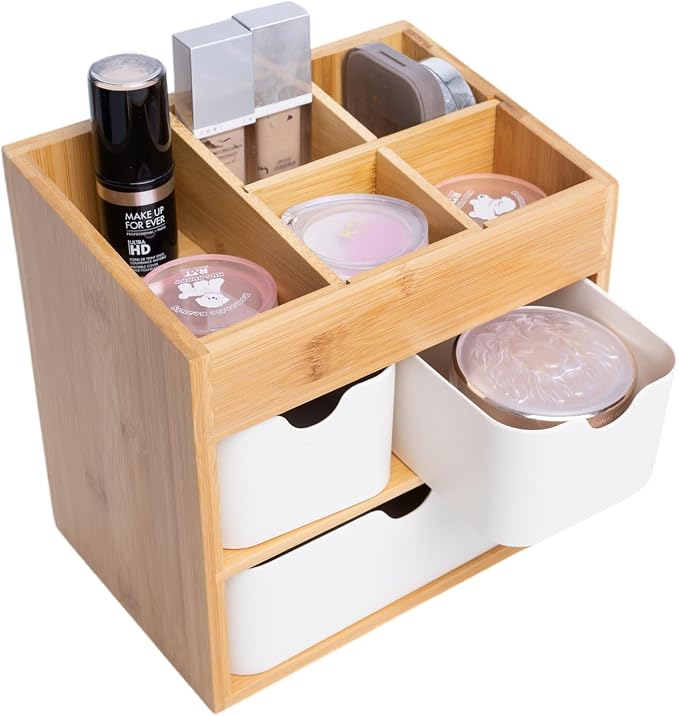 Small Bamboo Makeup Organizer（5.7" D x 8" W x 7.5" H） | Dresser Cosmetic Organizer Box Bamboo Desk Organizer for Home, Adjustable Dividers 3 Drawers