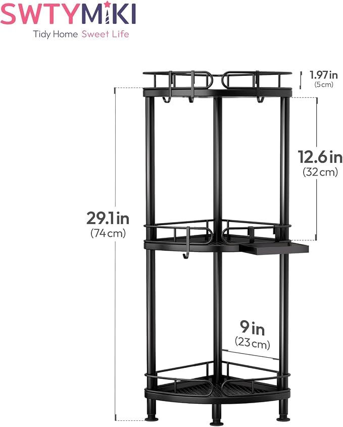 SWTYMIKI Corner Shower Caddy Standing - 3 Tier Rustproof Metal Shower Organizer Stand with Soap Holder and 4 Hooks, Freestanding Floor Shower Storage Stands for Bathroom, Black