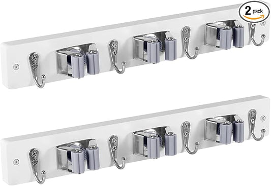 OUTNILI 2 Pack White Mop Broom Holder Wall Mount with 3 Slots & 4 Hooks - Rustic Wood Broom Mop Hanger for Pantry Kitchen Organization - Garden Tool Organizer for Closet Laundry Room