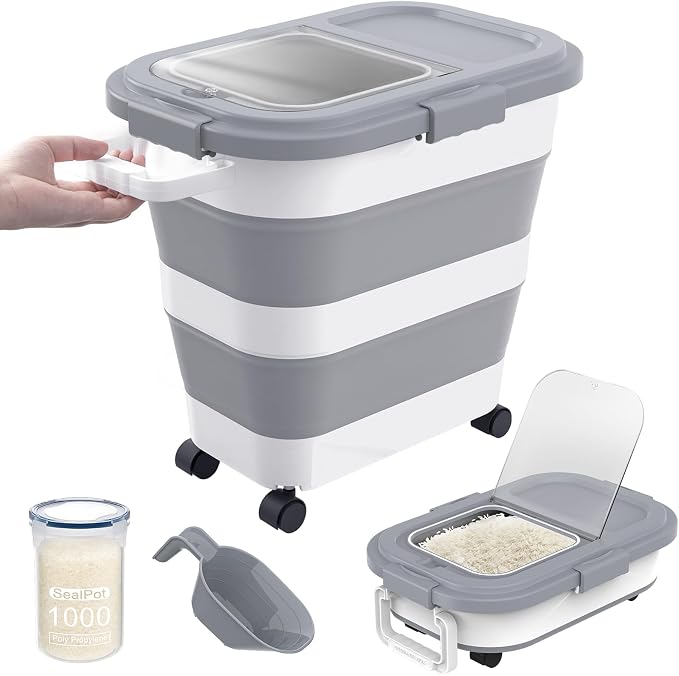 HOYTAMDA 25-35Lbs Rice Container,Collapsible Food Storage Container Wheels | Rice Storage Container with Airtight Locking Lid,Handle,Small Bin &Scoop,Rice Dispenser for Flour Sugar Cereal Grain Dog Cat