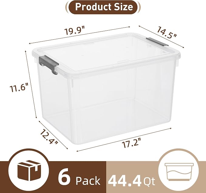 Citylife 6 Packs 44.4 QT Plastic Storage Bins with Lids Large Stackable Storage Containers for Organizing Clear Storage Box for Garage, Closet, Kitchen
