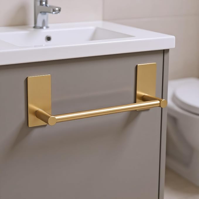 Songtec Gold Towel Bar 9-Inch, Adhesive Bath Towel Rack No Drill, Strong Adhesion Tape Mount Towel Holder, Stainless Steel - Brushed Gold