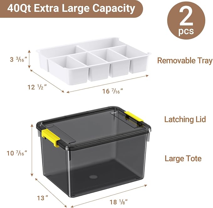 80Qt Stackable Storage Bins with Lids Trays Craft Box Organizers, 2Pack, GY | Clear Plastic Latching Boxes Organizers with Dividers Portable Containers for Arts & Crafts, Home Office Classroom Car Trunk