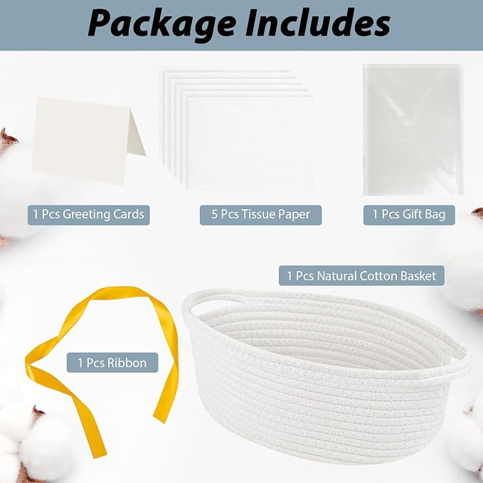 woric Small Woven Gift Basket Storage Baskets Picnic Baskets | Cotton Rope Basket; Includes Gift Bag, Card, Ribbon & Tissue Paper; for Gifts, Storage, Baby Shower, Wedding, Graduation