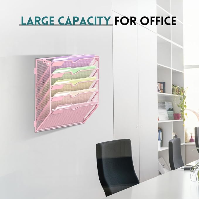 SUPEASY 5 Tier Wall File Organizer, Hanging Wall Mounted Mail Organizer with Label Slots, Metal Mesh File Holder Magazine Rack for Office, Home, School, Pink