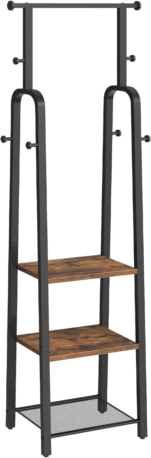 MAHANCRIS Coat Rack Freestanding, Hall Tree with 3-Shelves and 8 Hooks, Industrial Clothes Rack Stand Organizer for Entryway, Bedroom, Bags, Hats, Scarves, Rustic Brown and Black CRHR14901