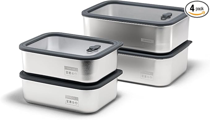 Stainless Steel Food Containers with Glass Lids, 2-Piece Airtight Food Storage Set, Rectangular, Stackable, Microwave and Dishwasher Safe, 2 x 88 oz, Silver Gray
