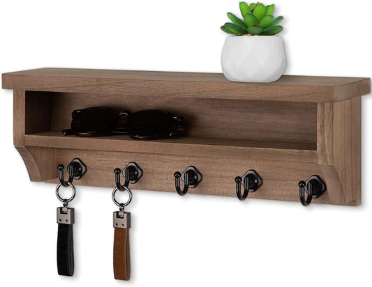 Nekon Key Holder Wall Mount, Wall Organizer Shelf with 5 Key Hooks, Room Decor for Home and Apartment Essentials, Brown