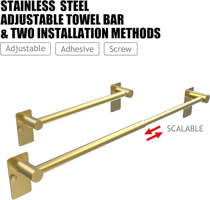 Towel Bar, 14inch to 25inch Adjustable Towel Holder Rod, Self Adhesive Wall Mounted Hand or Body Towel Rack for Bathroom Kitchen, Stainless Steel Organizer Single Bar (Gold, 1 Pack)