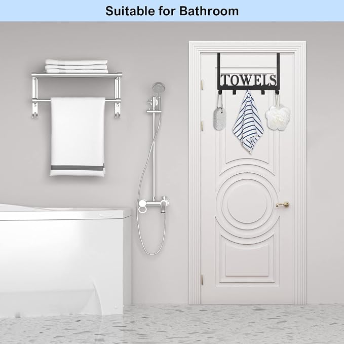 Azmoncy Over The Door Hooks, Towel Rack for Bathroom Towel Holder for Hanging Heavy Duty,Towel Hanger with 5 Hooks for Bedroom Bathroom Kitchen, Black