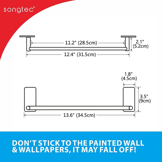 Songtec Gold Towel Bar 12-Inch, Adhesive Stick On Bath Towel Rack No Drill, Strong Adhesion Tape Mount Towel Holder, Stainless Steel - Brushed Gold