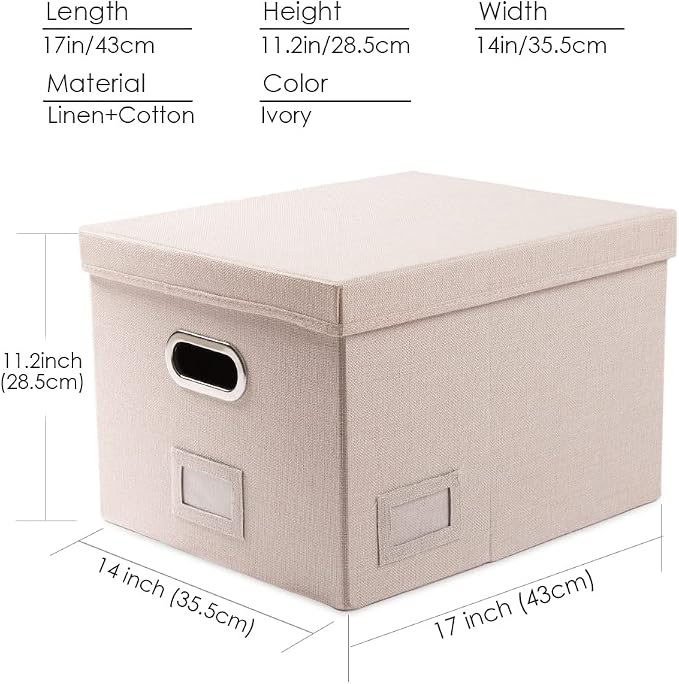 File Organizer Box - Set of 4 Collapsible Decorative Linen Filing Storage Hanging File Folders with Lids Office Cabinet Letter/Legal Size Light Grey (17x14x11.2 inch)