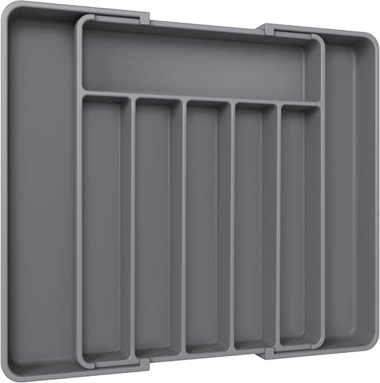 Aujen Silverware Drawer Organizer, Adjustable Utensil Cutlery Tray | Expandable Kitchen Organizer for Forks Knives, Multipurpose Kitchen Storage, Apartment Essentials, Grey, Large