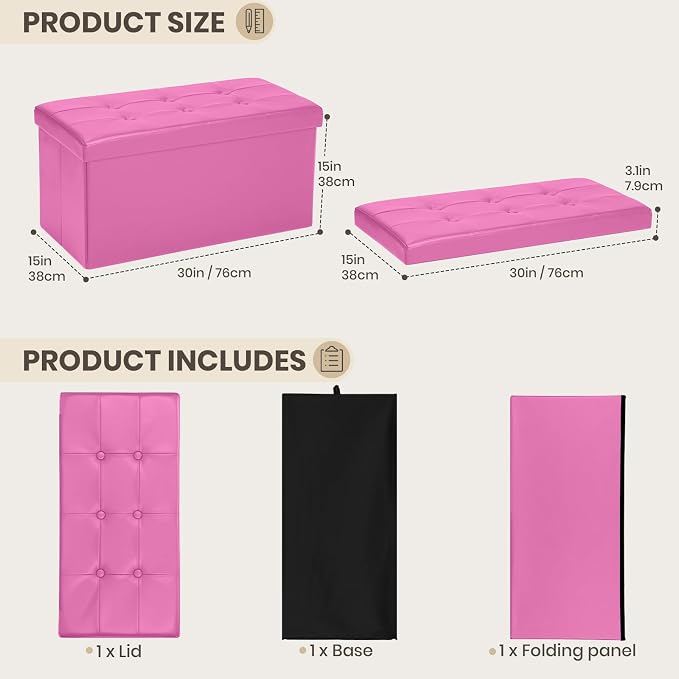 COSYLAND Ottoman Bench with Storage 30x15x15 inches White Ottoman for Room Folding Leather Footrest Footstool Rectangle Collapsible Furniture with Lid for Bedroom Living Room Pink
