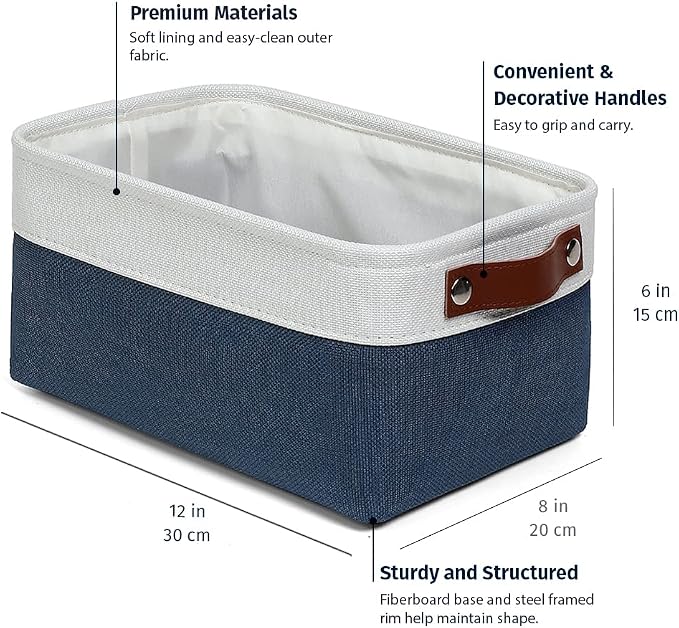 OrganiHaus 12x8in Canvas Storage Baskets, 6 Pack - Fabric Bins for Shelves | Vegan leather handles; a decorative pantry and office organizer, container for desk and books