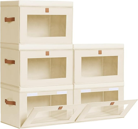 Homsorout Large Closet Storage Organizer - Clothes Storage Bins with Handles & Window, Collapsible Decorative Boxes with Lids, Fabric Containers for Living Room, Dorm, 5 Pack, Beige