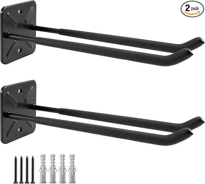 Sinoer 2 Pack Metal Wall Mount Garage Double Storage Hooks | 12.44 inch heavy double wall hooks store ladders, bikes, tires, garden tools & strollers for garage storage