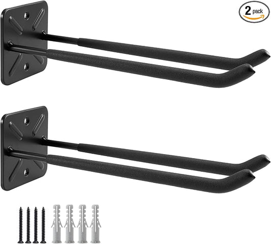 Sinoer 2 Pack Metal Wall Mount Garage Double Storage Hooks | 12.44 inch heavy double wall hooks store ladders, bikes, tires, garden tools & strollers for garage storage
