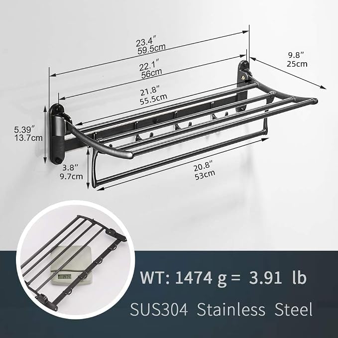 24 Inch Oil Rubbed Bronze Towel Racks, Bathroom Towel Shelf with Foldable Towel Bar Holder and Towel Hooks, Wall Mounted Multifunctional Bathroom Accessories, Double Towel Bars