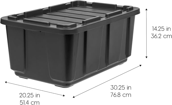 IRIS USA 4-Pack 27 Gal Heavy Duty Storage Tote Bins with Lids, Black | Large-capacity design handles moving, garage storage and bulky equipment, Stackable shape maximizes available space